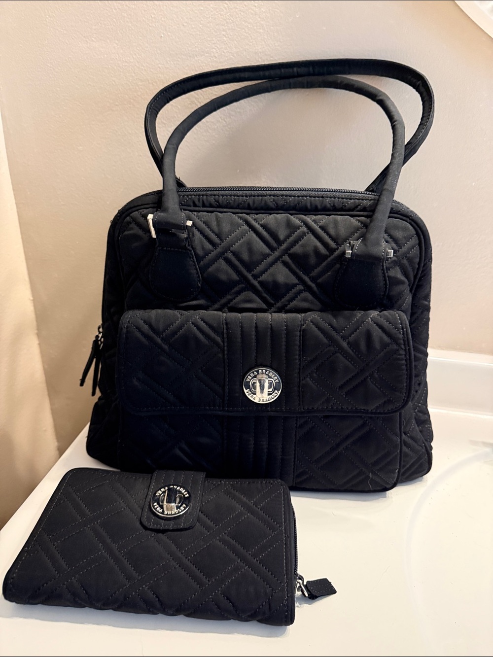 Vera Bradley Classic Black Quilted Tote and Wallet Set
